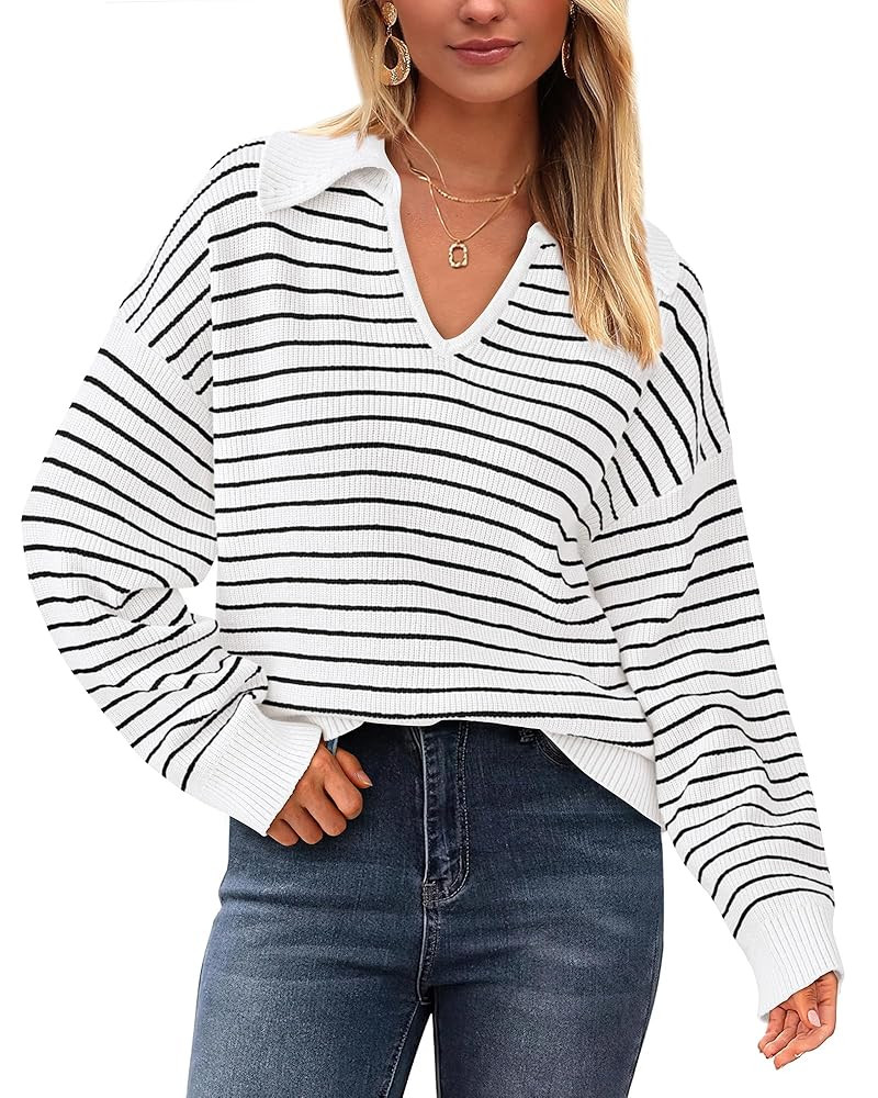 BTFBM Women's Striped Long Sleeve Sweater V Neck Lapel Collar 2024 Fall Winter Fashion Ribbed Kni... | Amazon (US)