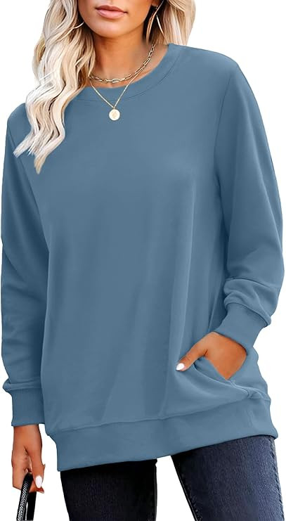 RUMIA Crewneck Fall Sweatshirts for Women Plain Long Sleeve Top with Pocket | Amazon (US)