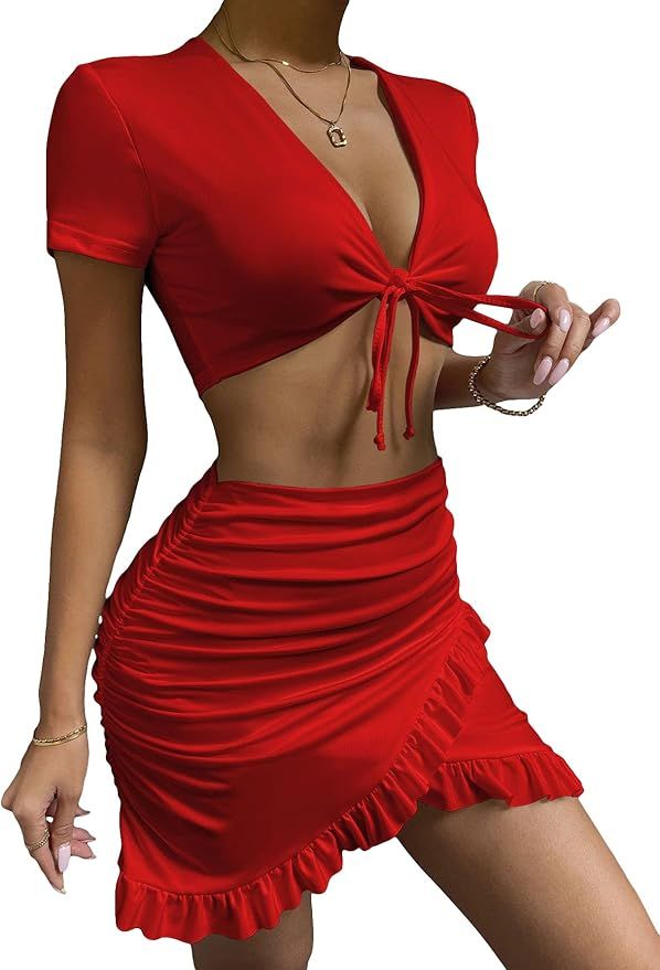 MakeMeChic Women's Summer 2 Piece Outfit Tie Front Crop Top Ruffled Trim Ruched Mini Skirt Set | Amazon (US)