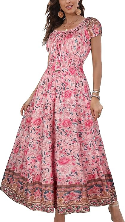 OSTOO Women's 2025 Summer Short Sleeves Boho Floral Print Tiered Casual Flowy Long Maxi Dress | Amazon (US)