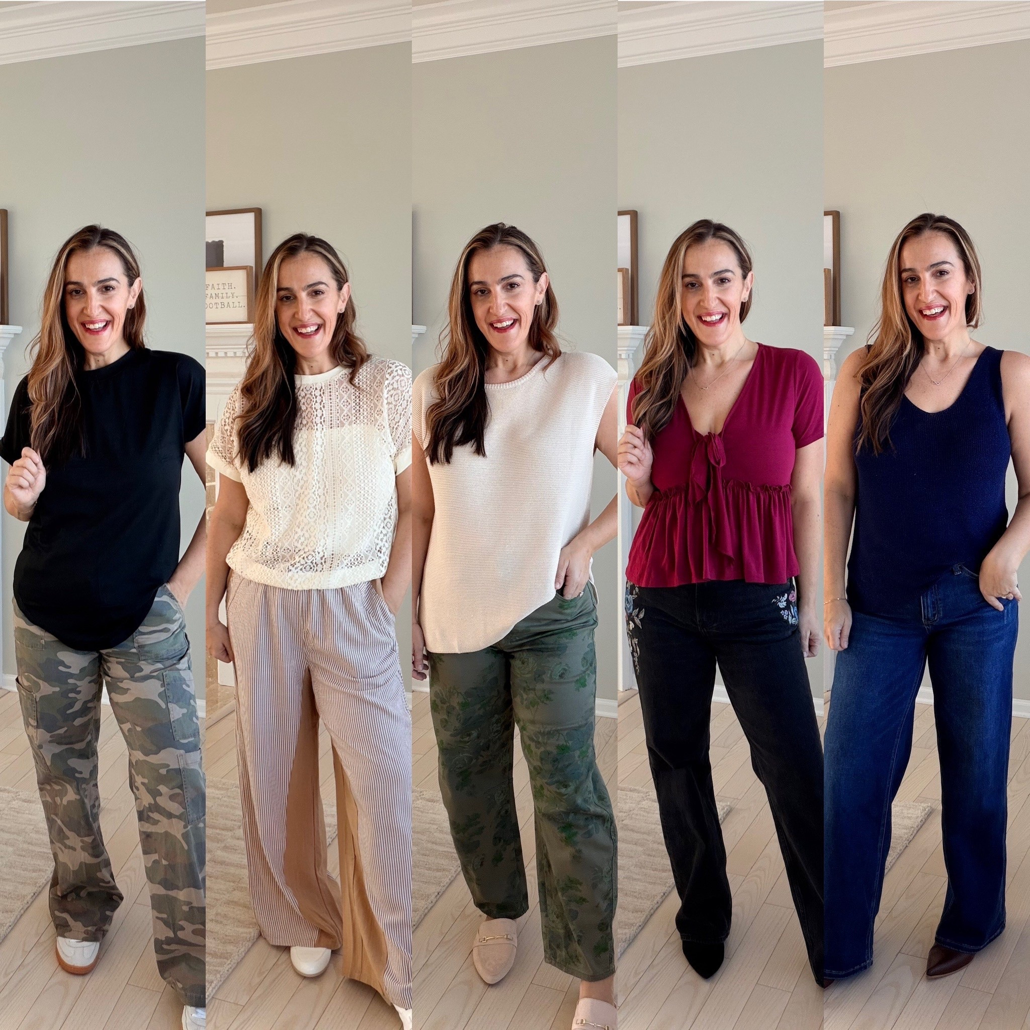 Casual but cute squishy body friendly outfits! 

Black top: TTS (m)
Army Pants: TTS (M)

Cream lace top: TTS (m)
Stripe pants: TTS (m)

Cream knit: slightly large (M)
Green floral: TTS (29)

Burgundy top: TTS (M)
Black jeans: no stretchy but roomy (29)

Navy top: roomy (M)
Blue jeans: size down 1-2 (28)

#LTKFindsUnder50 #LTKOver40 #LTKootd