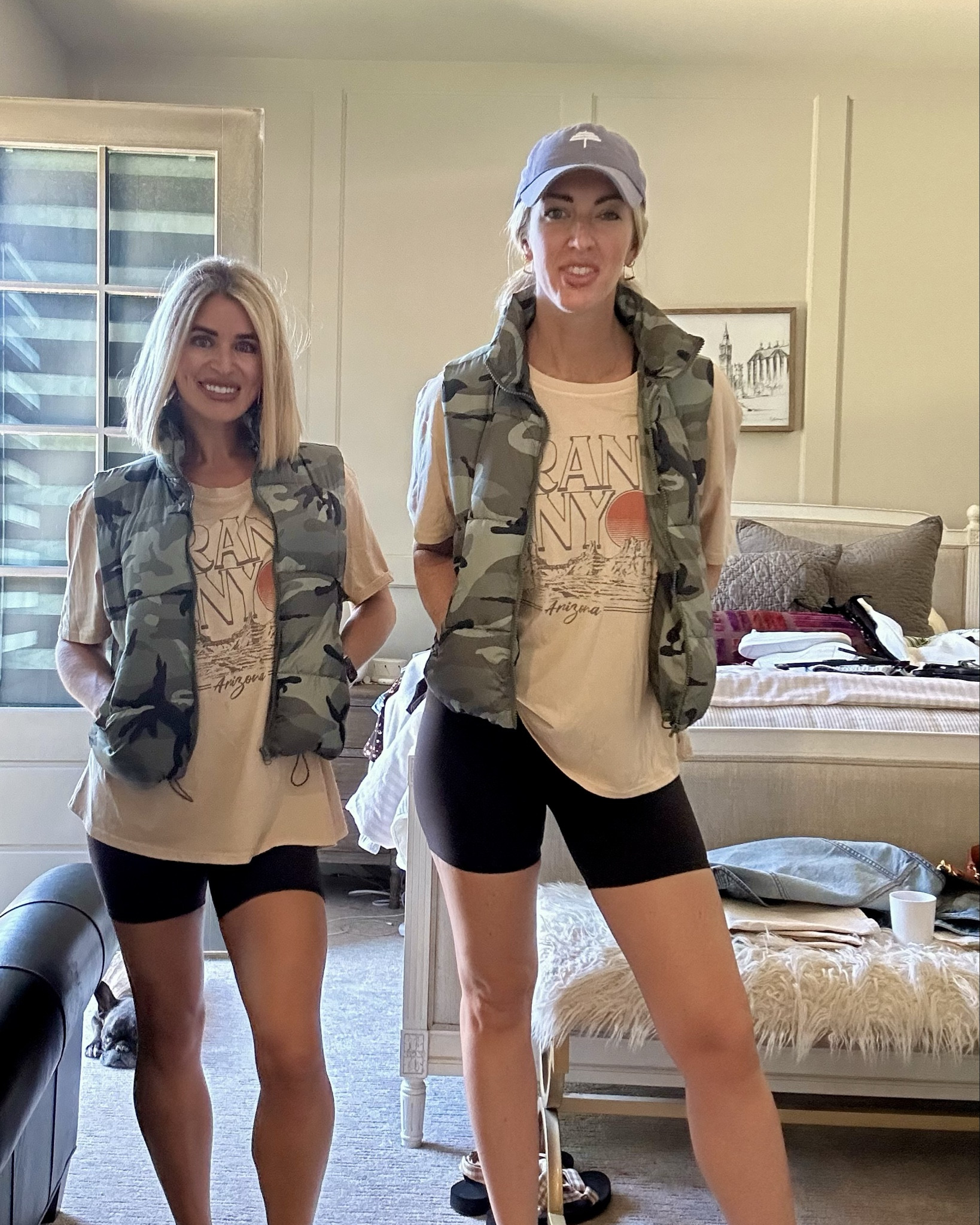 Walmart haul part 1-
Comfortable biker shorts and an oversized T-shirt, what’s better? Add a jean jacket or this amazing camo puffer vest for cooler weather. Also, everything combined is less than $40!

Misty is wearing a medium vest, size 4/6 biker shorts (stretchy material), and a 14/16 shirt to be oversized 
Dorane is wearing a small vest, 0/2 biker shorts (again, stretchy material), and 10/12 shirt

#LTKStyleTip #LTKFindsUnder50