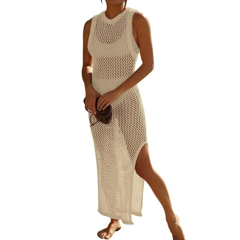 Bsubseach Crochet Swim Coverup Sleeveless Knitted Cover Up Summer Beach Dress Scoop Neck | Walmart (US)