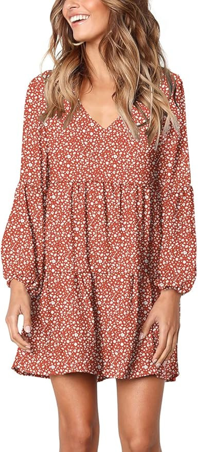 FOWSMON Women's Tunic Dress Cute Printed V Neck Long Sleeve Casual Swing Ruffle Dress | Amazon (US)