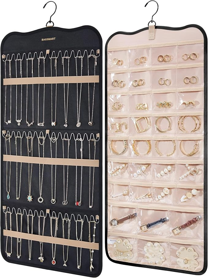 BAGSMART Hanging Jewelry Organizer Storage with Hanger Metal Hooks Double-Sided Jewelry Holder fo... | Amazon (US)