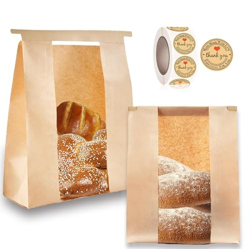 100 Pcs(13.7x8.2x3.5 in) Paper Bread Bags for Homemade Bread, Sourdough Bread Bags with Window, Sourdough Storage Bread Bags for Bread Packaging includes 500 Cute Seal Stickers | Amazon (US)