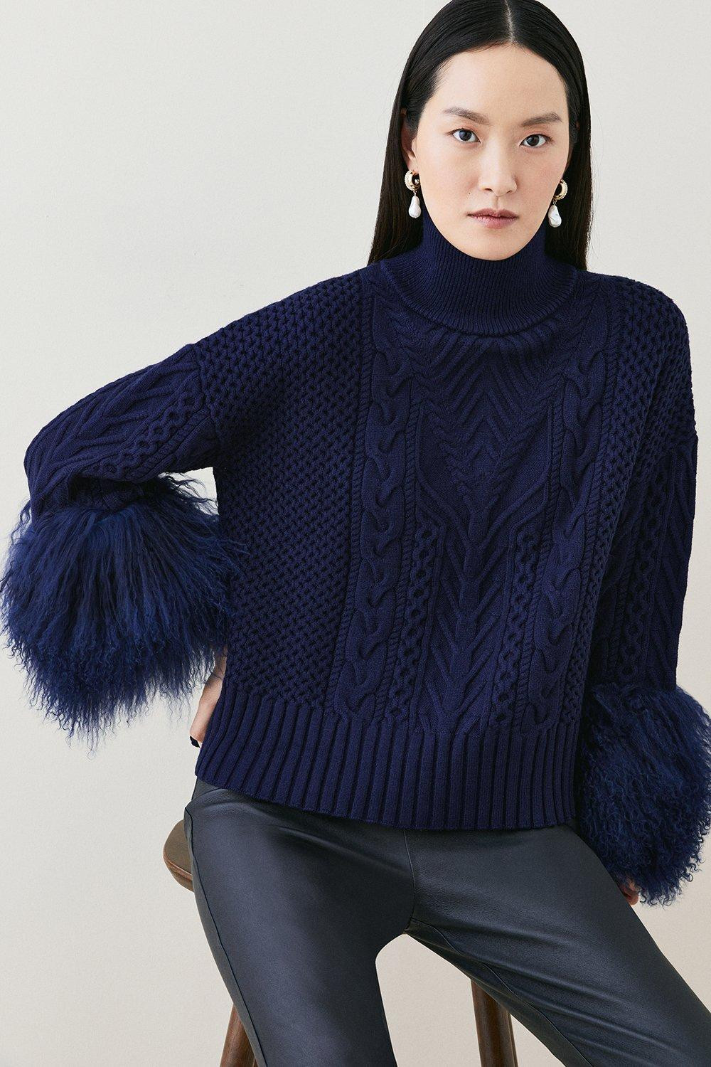 Cable Knit Shearling Cuff Jumper | Karen Millen UK + IE + DE + NL