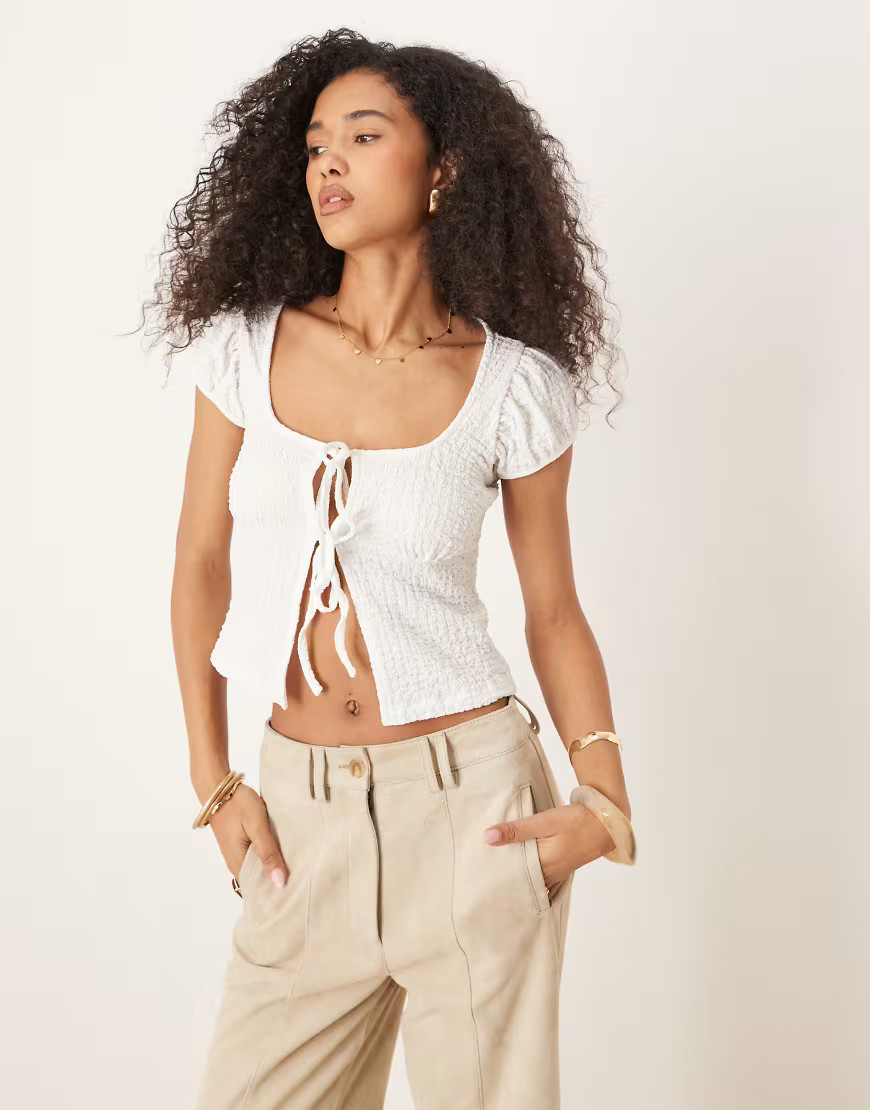 ASOS DESIGN textured babydoll with tie front detail in white | ASOS (Global)