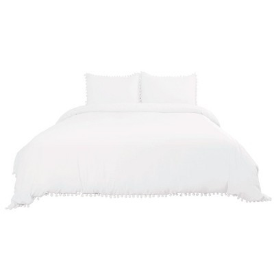 PiccoCasa Soft Bedding Solid Duvet Cover Set with Pompon Tassels and 2 Pillow Shams 3 Pcs White King | Target