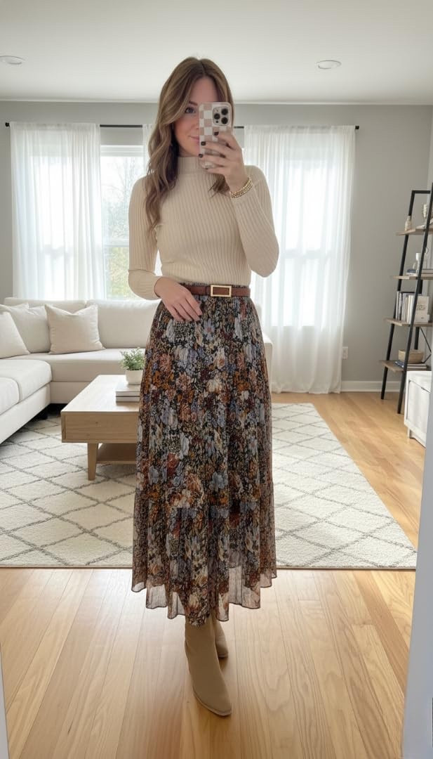 A cozy neutral turtleneck paired with a floral midi skirt and ankle boots makes the perfect fall combo — effortlessly chic and feminine. Add a belt to accentuate your waist and elevate the look for a coffee date, workday, or weekend outing.

#FallOutfitInspo #OOTD #AmazonFashion #FallStyle #MidiSkirtOutfit #CozyChic #NeutralStyle #FashionOver30 #EffortlessStyle