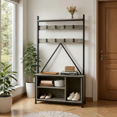Industrial Hall Tree With Bench, Shoe Storage Cubbies, And Coat Rack | Multi-Functional Entryway Organizer For Hallway, Bedroom, Or Corner Spaces | Wayfair North America