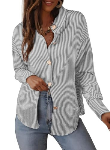 Astylish Women's Striped Dress Shirt Long Sleeve Collared Metal Heart Shaped Button Down Blouse Tops Mist Blue Small | Amazon (US)