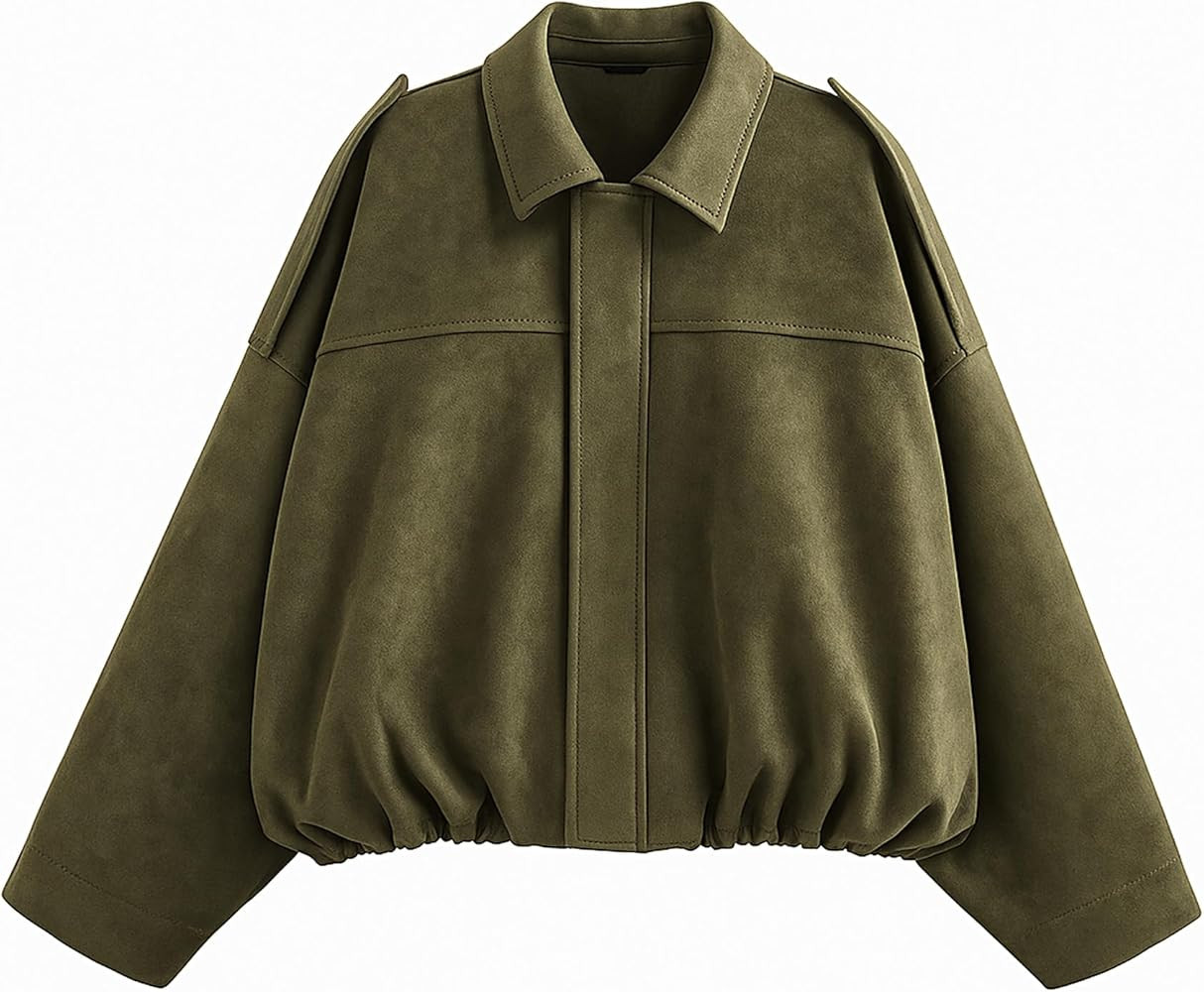 LEACOOLKEY Women's Faux Suede Bomber Jacket Casual Pilot Coat Oversized Spring Fall Batwing Long ... | Amazon (US)