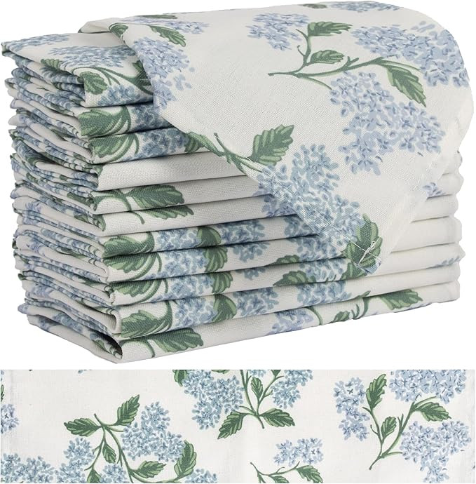 Sage Green Hydrangea Cloth Napkins Set of 12,Blue and White Vintage Floral Dinner Napkins Natural... | Amazon (US)
