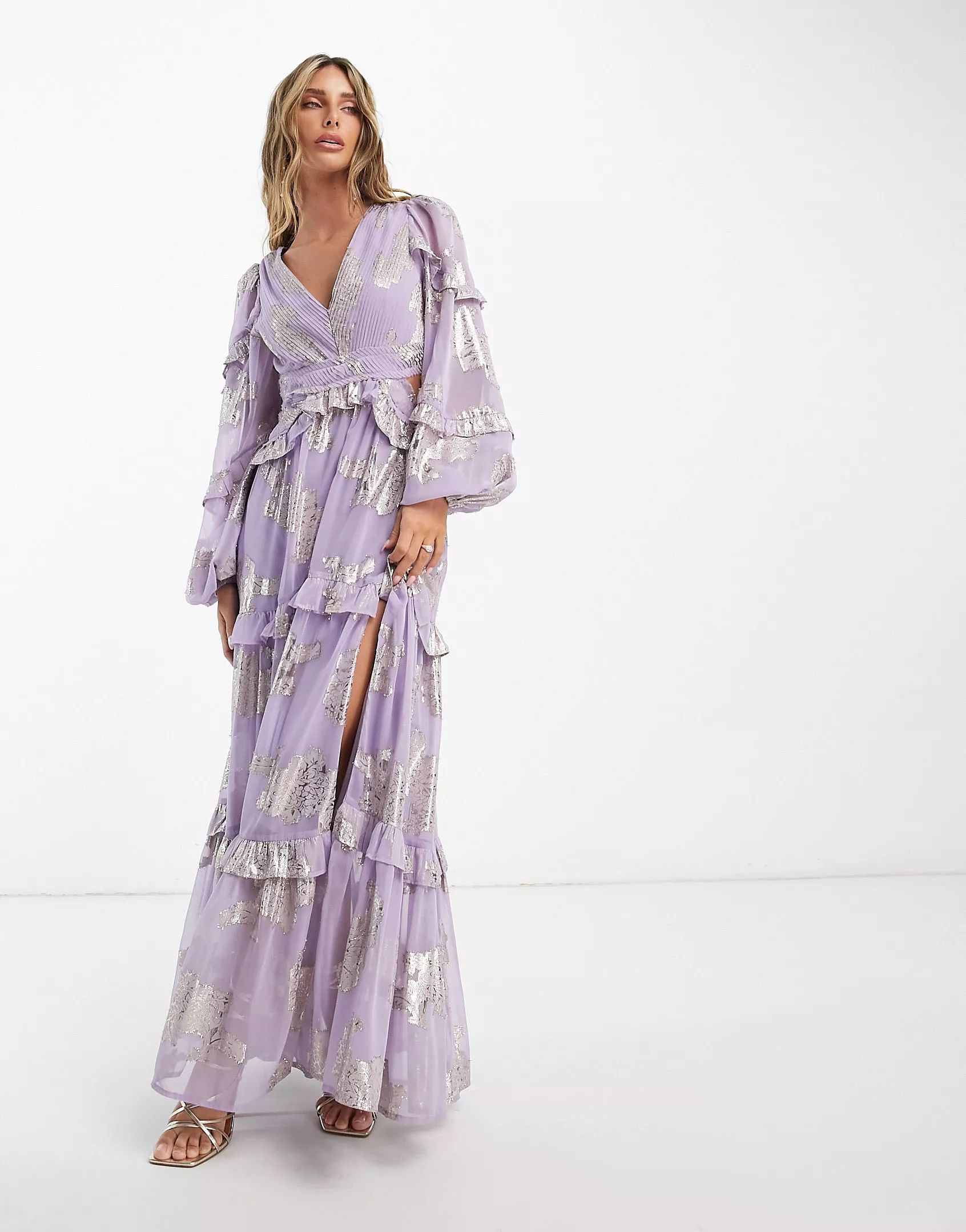 ASOS DESIGN plunge pintuck maxi dress with cut out and frills in lilac metallic floral jacquard | ASOS (Global)