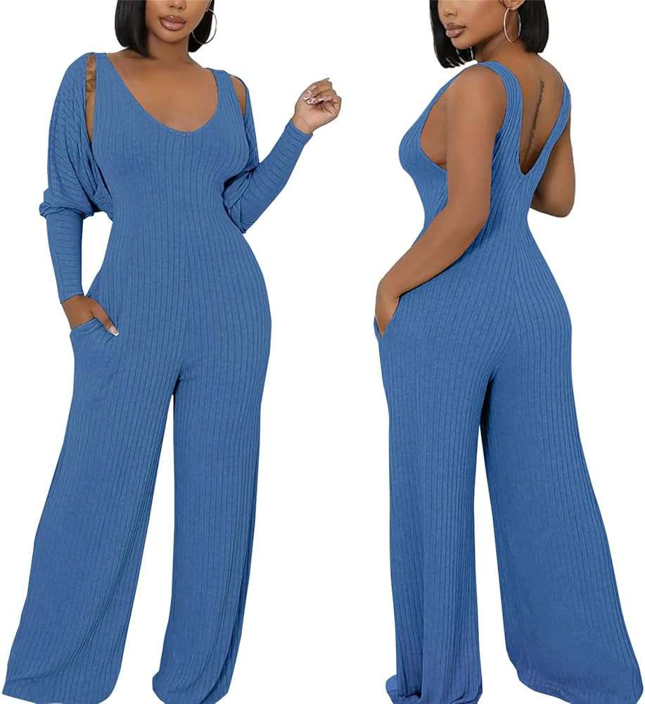 Women's Casual 2 Piece Outfits Ribbed Knitted Batwing Long Sleeve Cardigan Tank Wide Leg Jumpsuit... | Amazon (US)