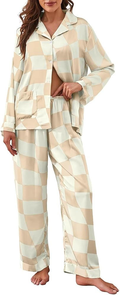 Brosloth Womens Silk Pajamas Button Up Pajama Soft Long Sleeve Satin Printed Loungewear Set | Amazon (US)