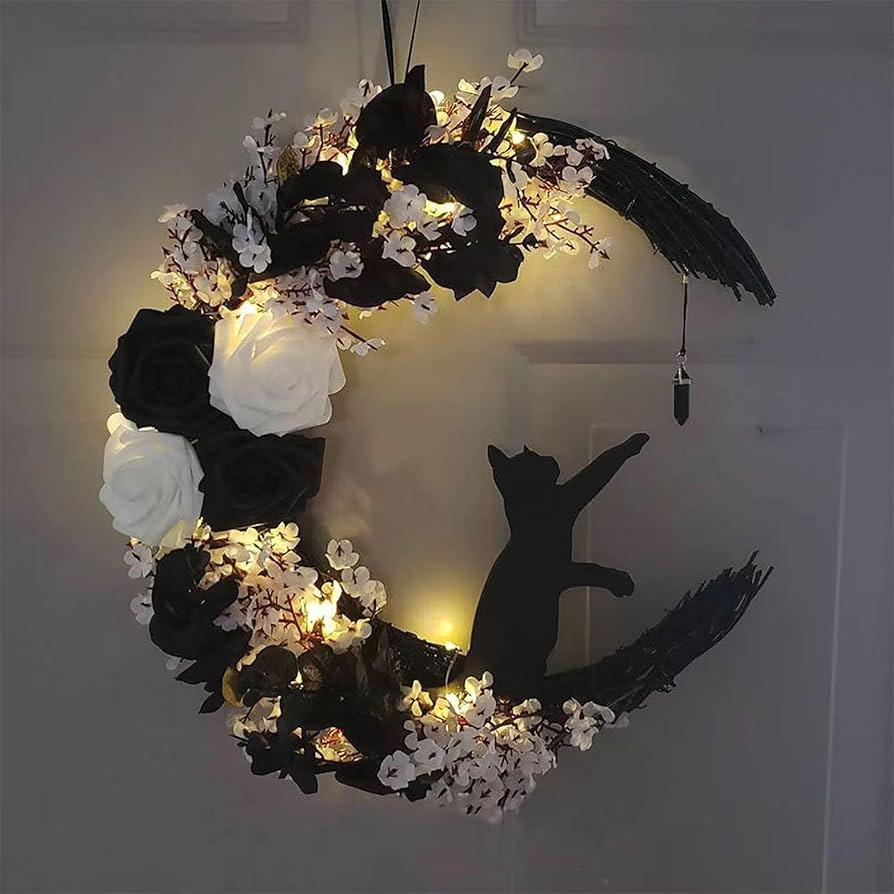 Moon Wreath, Black Cat Crescent Moon Wreath with Lights, Halloween Wreaths for Front Door, Fall D... | Amazon (US)