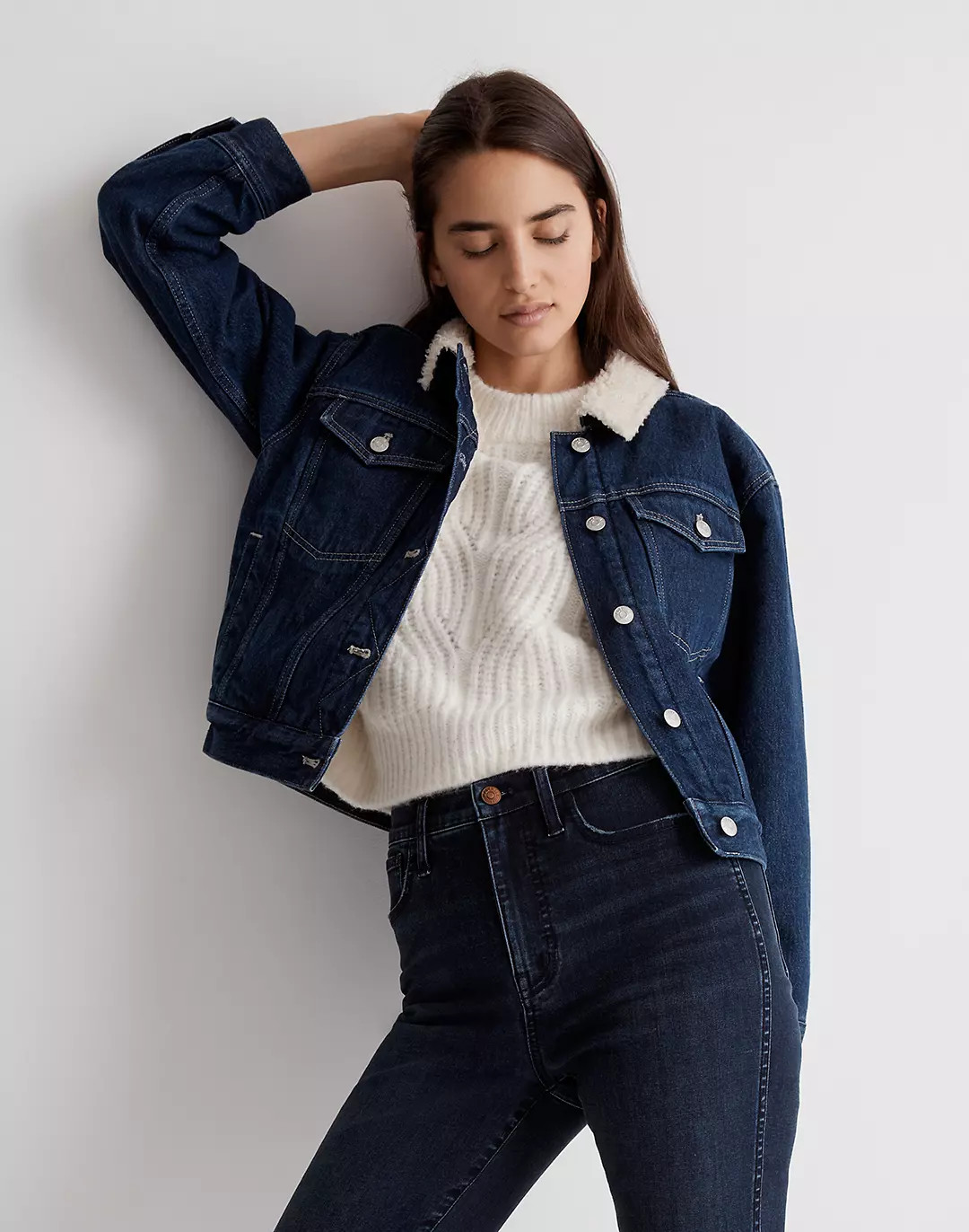 The Cropped Oversized Trucker Jean Jacket: Sherpa Collar Edition | Madewell