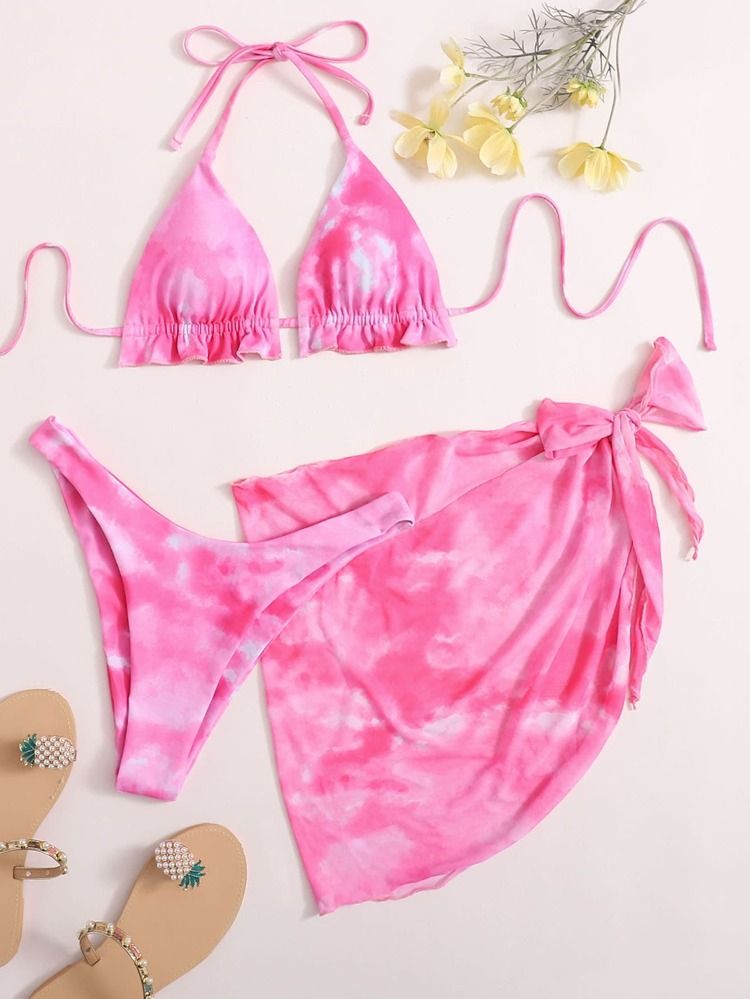 3pack Tie Dye Triangle Bikini Swimsuit With Beach Skirt | SHEIN