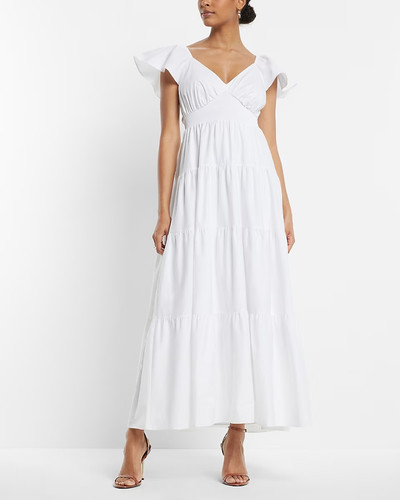 nwt EXPRESS 2023 v neck ruffle sleeve tiered pure white maxi dress s small  | eBay | eBay US