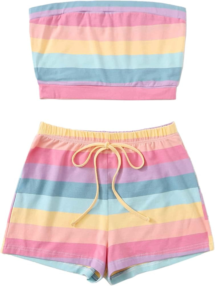 Romwe Women's 2 Piece Short Set Rainbow Striped Crop Tube Tops and Elastic Waist Short | Amazon (US)