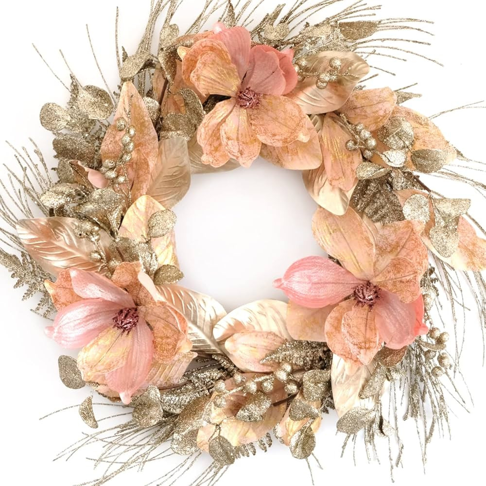 Idyllic 18 Inch Winter and Christmas Magnolia Flowers Gold Glitter Wreath for Home and Front Door... | Amazon (US)