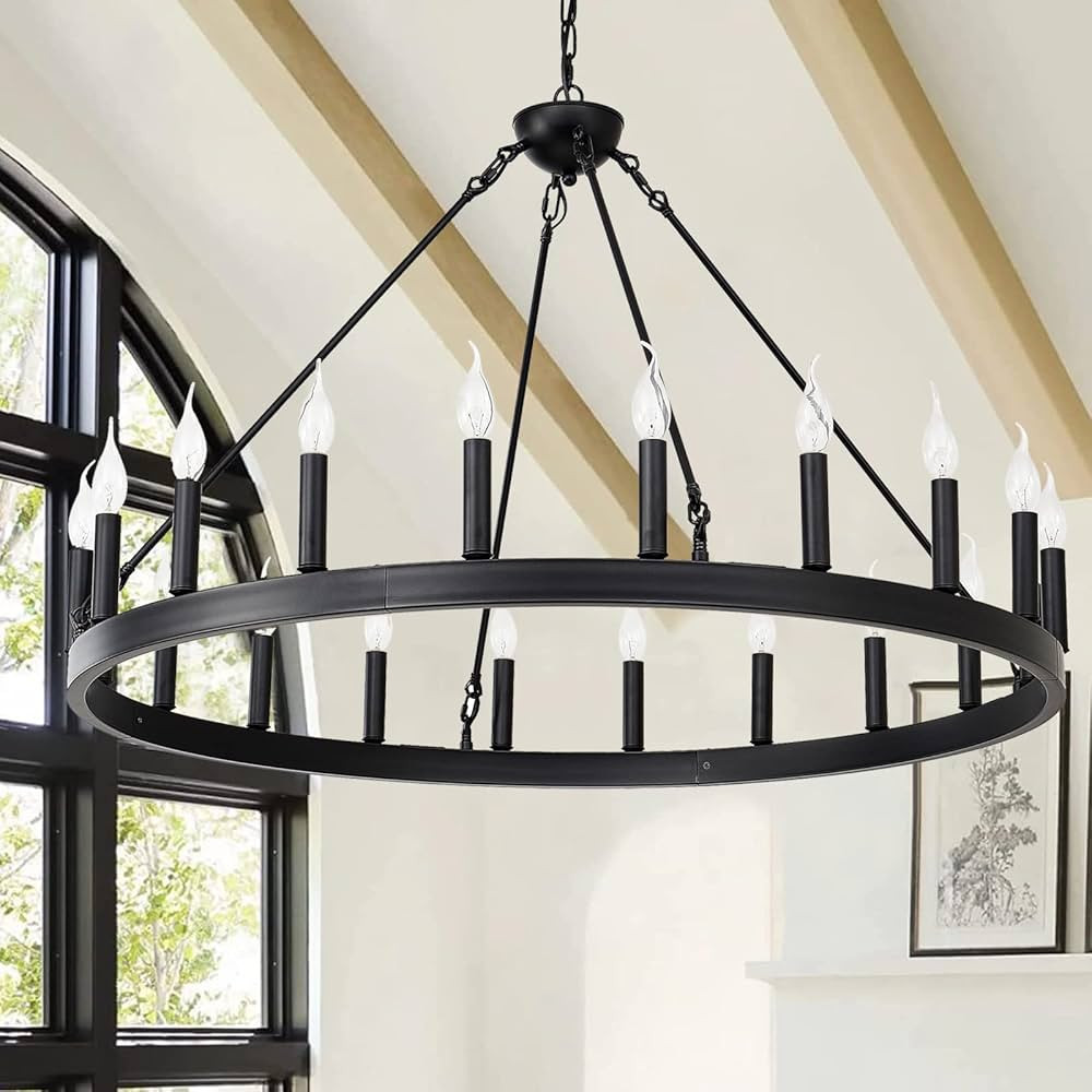 JKLX 40 Inch Black Wagon Wheel Chandelier, 20-Lights Farmhouse Industrial Country Style Round Pen... | Amazon (US)