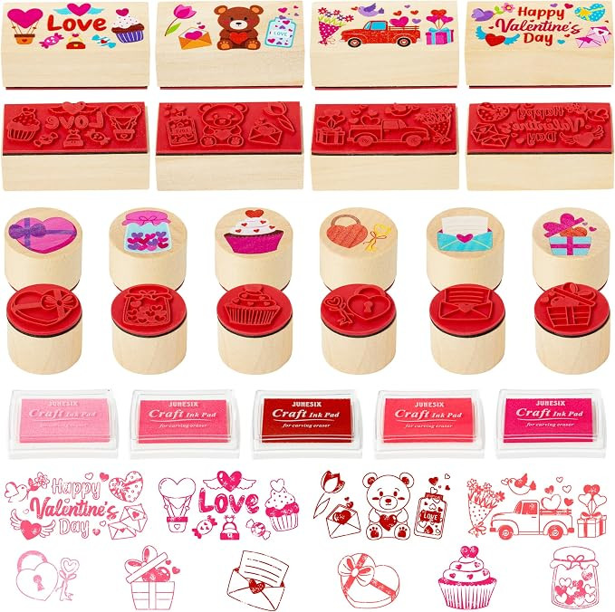 CJiangpo 15Pcs Valentine Wooden Rubber Stamps DIY Craft Card Stamps Ink Pads, Love Heart Stamps f... | Amazon (US)