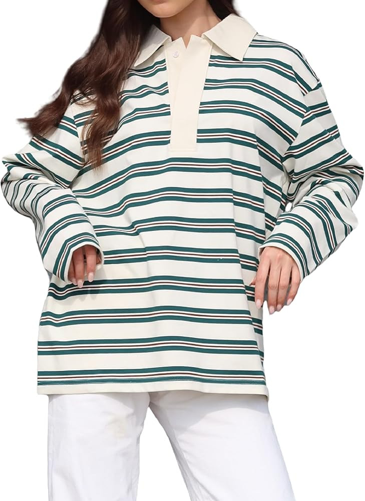 Women Long Sleeve Striped Polo Shirts Loose Fit Button Up Rugby Polo Shirts Vintage Preppy Aesthe... | Amazon (US)