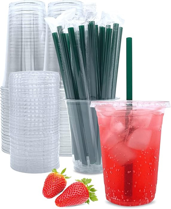 16 oz Clear Plastic Cups with Lids and Straws, Disposable Coffee Cups 25 Sets | Amazon (US)
