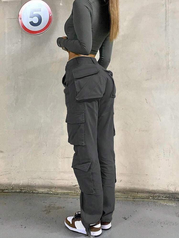 GILIPUR Women's Solid Color Straight Leg Casual Utility Pants | SHEIN