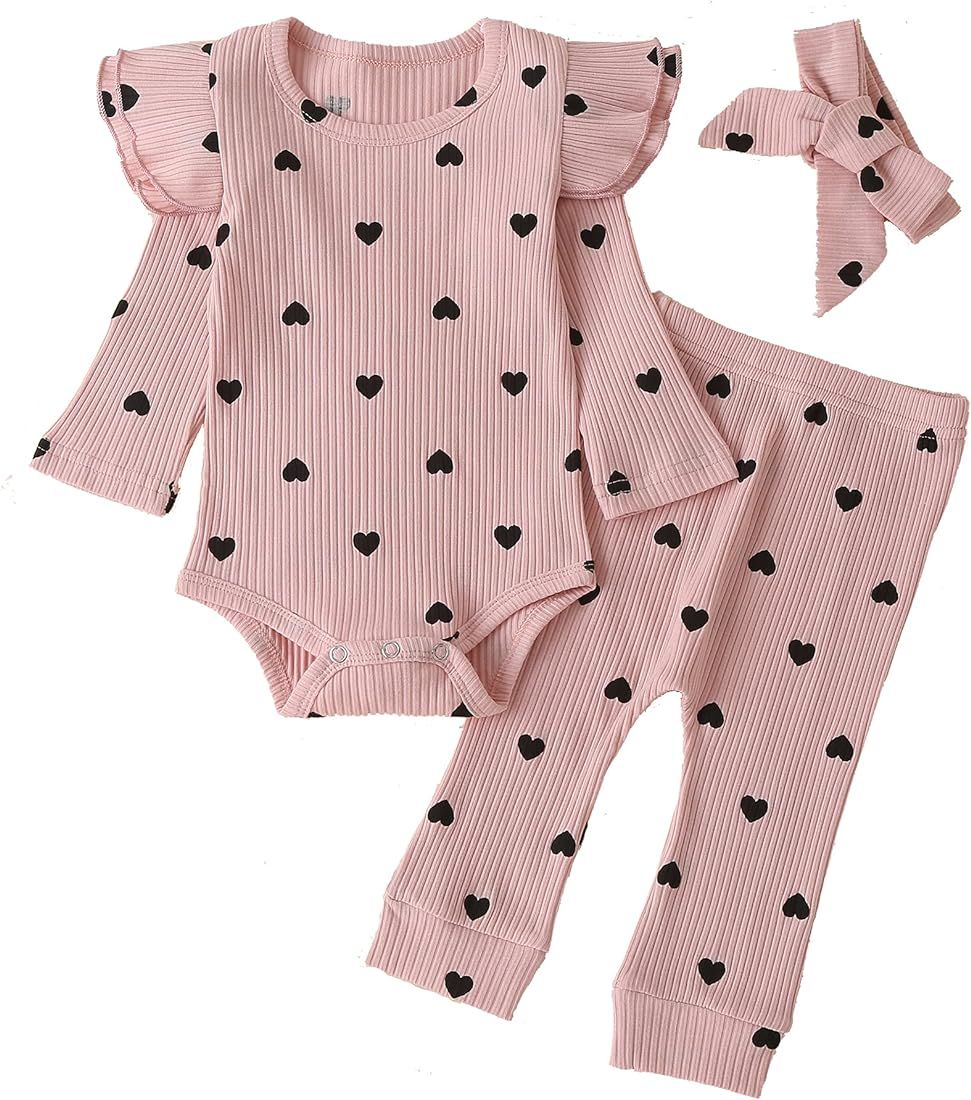 Fullfamous Baby Girl's 3pc Rib Frill Long Sleeve Romper and Pant Set | Amazon (US)