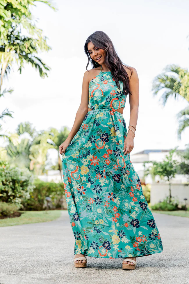 Always On The Sunny Side Green Floral Halter Maxi Dress | Pink Lily