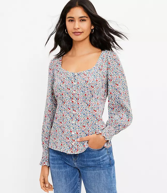 Spring Bloom Button Square Neck Top | LOFT