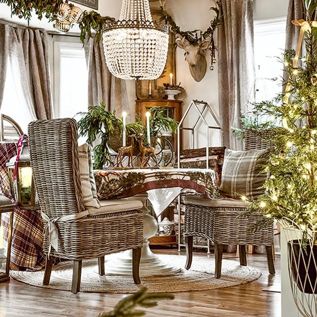 Cushioned Seat Rattan Dining Chair Set of 2 | Antique Farm House