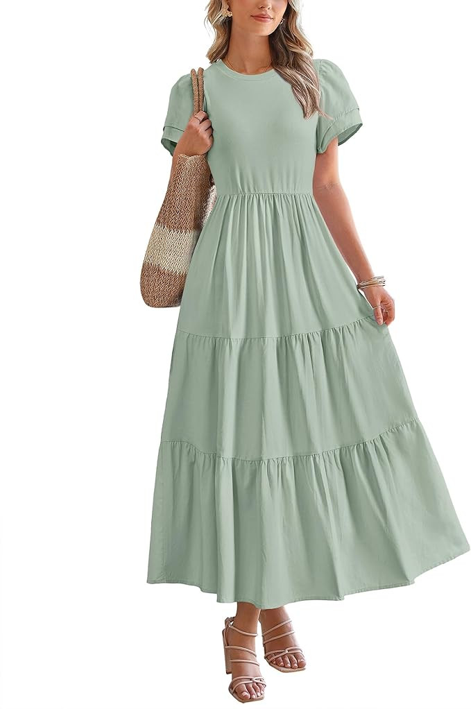 BTFBM Women Casual Summer Dresses 2025 Crewneck Flutter Short Sleeve Elastic Waist Aline Tiered F... | Amazon (US)