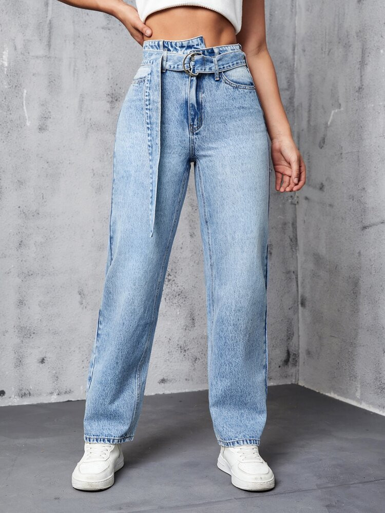High Waist Belted Straight Leg Jeans | SHEIN