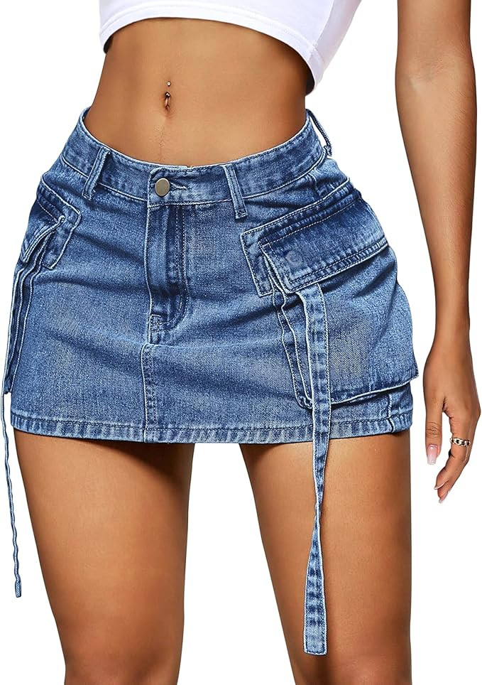 Womens Cargo Skirt Low Waist Button Denim Mini Skirt Summer Y2k Jean Skirt with Flap Pockets | Amazon (US)
