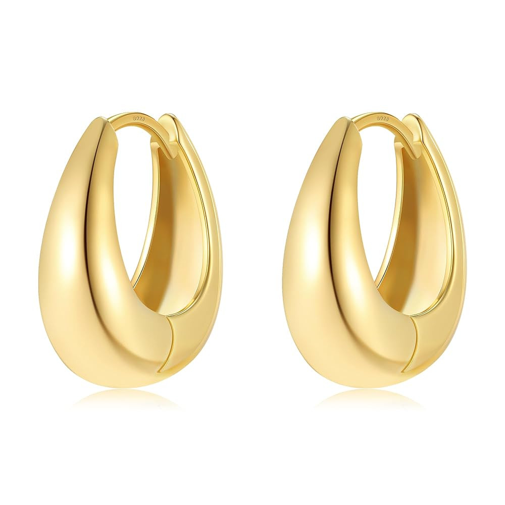 Small Chunky Gold Hoops Teardrop Huggie Earrings 925 Sterling Silver Post 14k Gold Plated Oval Th... | Amazon (US)