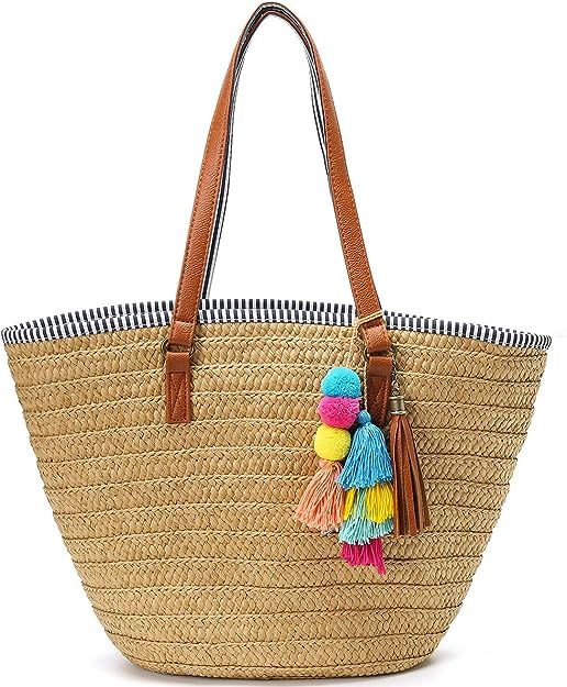 Straw Beach Bags Tote Tassels Bag Hobo Summer Handwoven Shoulder Bags Purse With Pom Poms | Amazon (US)