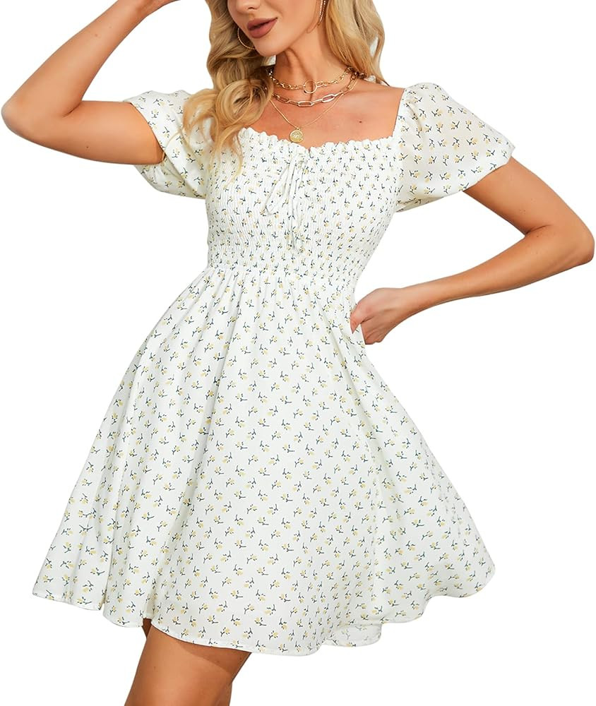 Byinns Women's Sweetheart Neckline Dress Smocked Sundress Puff Short Sleeve Drawstring Dresses | Amazon (US)