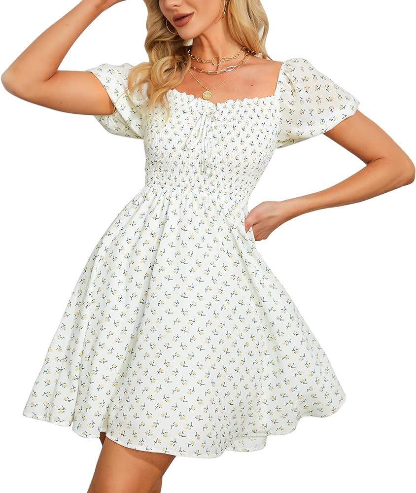 Byinns Women's Sweetheart Neckline Dress Smocked Sundress Puff Short Sleeve Drawstring Dresses | Amazon (US)
