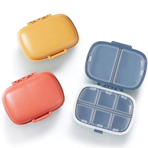 MEACOLIA 3 Pack 8 Compartments Travel Pill Organizer, Daily Pill Case Small Pill Box for Pocket Purse, Portable Pill Container Medicine Vitamin Organizer (Red, Yellow, Dark Blue) | Amazon (US)
