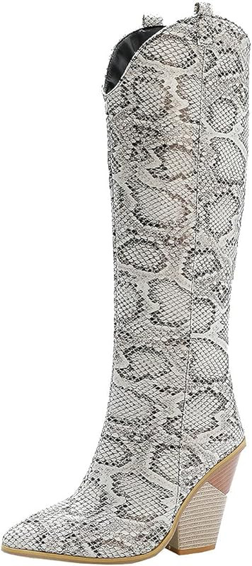 Women's Chunky Knee High Cowgirl Boots Pointed Toe High Heel Western Boots | Amazon (US)