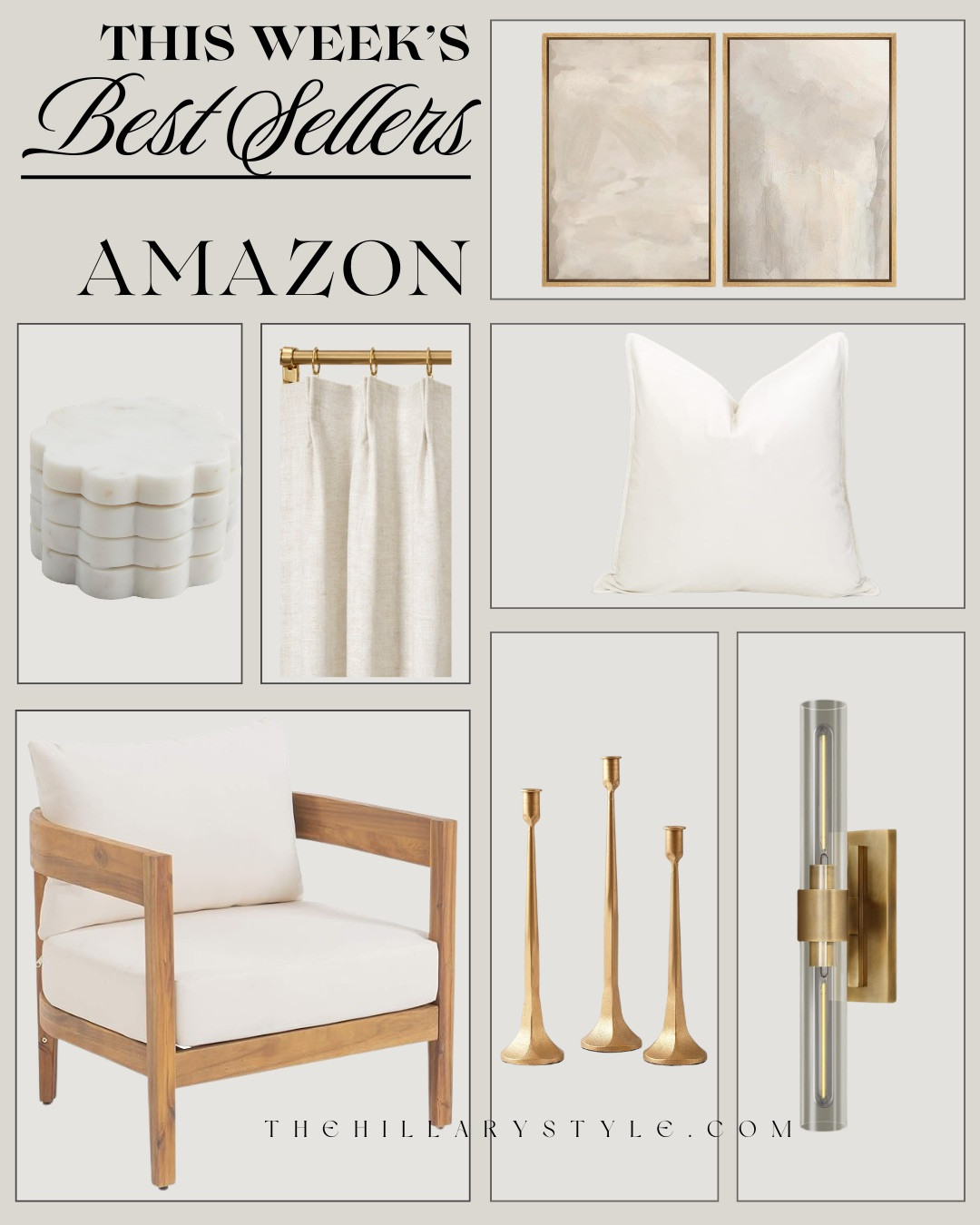 Best Sellers — AMAZON HOME FAVORITES! These TOP HOME PICKS have been selling fast and they bring that designer neutral aesthetic everyone loves right now. The abstract wall art, linen curtains, and plush pillow covers instantly warm up a room, while the modern wood accent chair and brass candle holders add that elevated, high-end feel. Even the marble coasters and modern wall sconce look like something from a designer showroom.

#Amazon #TheHillaryStyle #AmazonHome #BestSellerDecor #NeutralHomeDecor 

 #LTKU #LTKOver40 #LTKHome