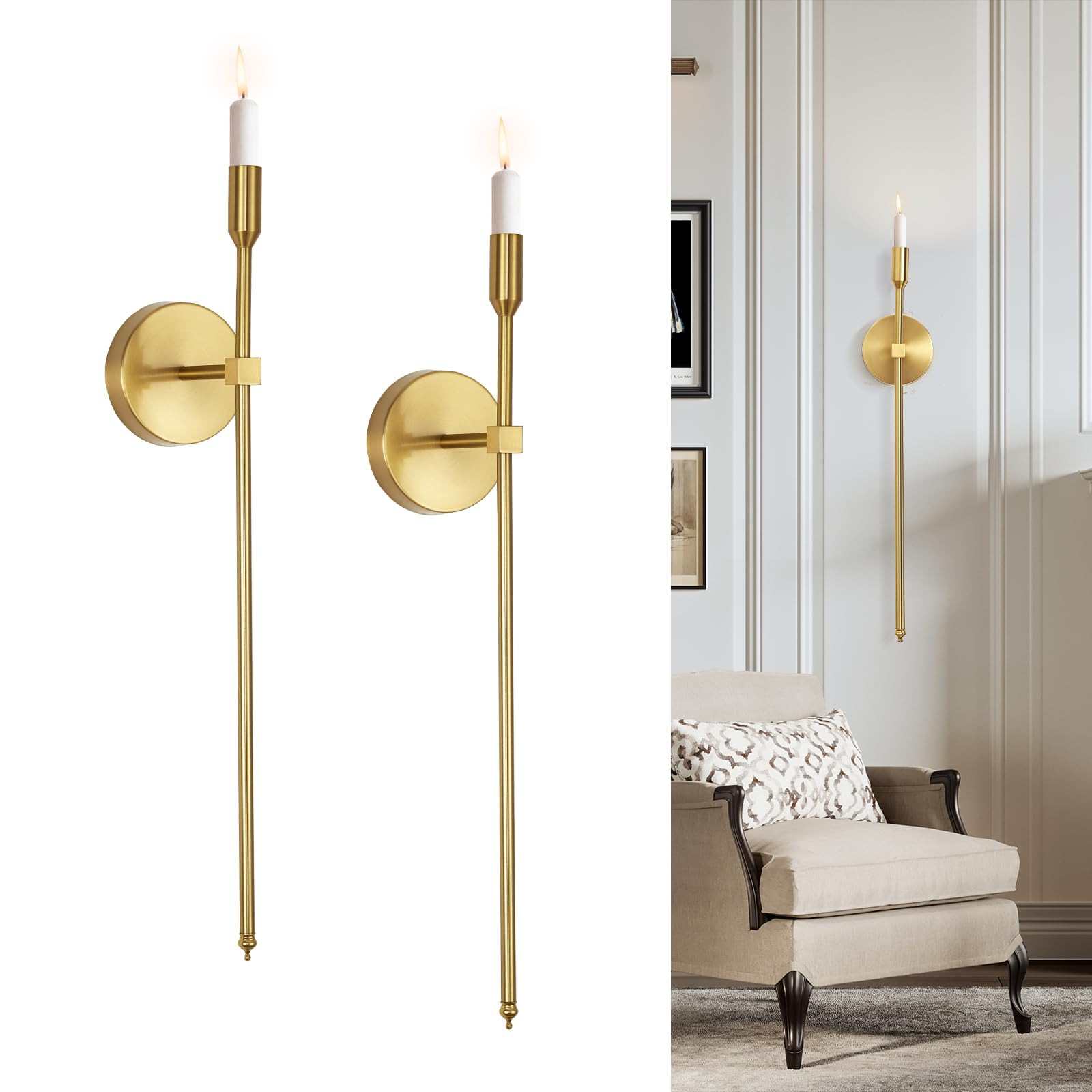 Gold Candle Sconces Long Wall Candle Holder, Set of 2 Large Wall Candle Sconce Modern Chic Home D... | Amazon (US)