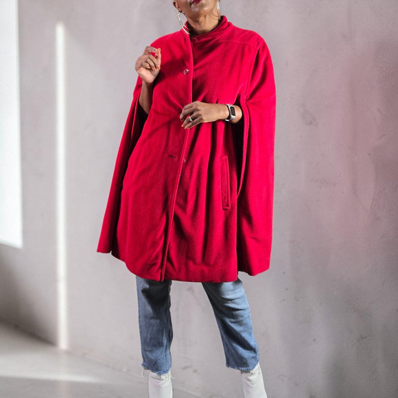 Vintage Sherwood Cape Red Bright Lipstick Flannel USA Arm Slit Pockets XL Large | Poshmark