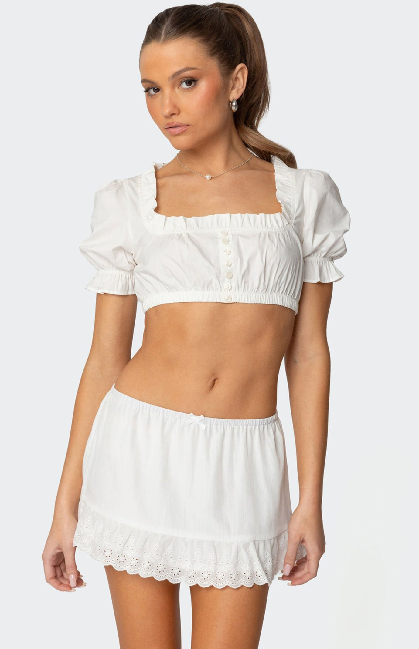 Edikted Women's Lenora Puffed Sleeve Crop Top in White - Size Medium | PacSun
