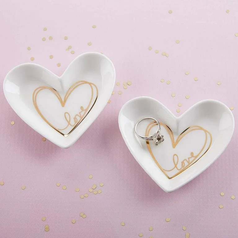 23192NA Heart Shaped Trinket, Jewelry Dish Party Favor, 3.25" w x 2.8" h x 0.5" d, white, gold | Walmart (US)
